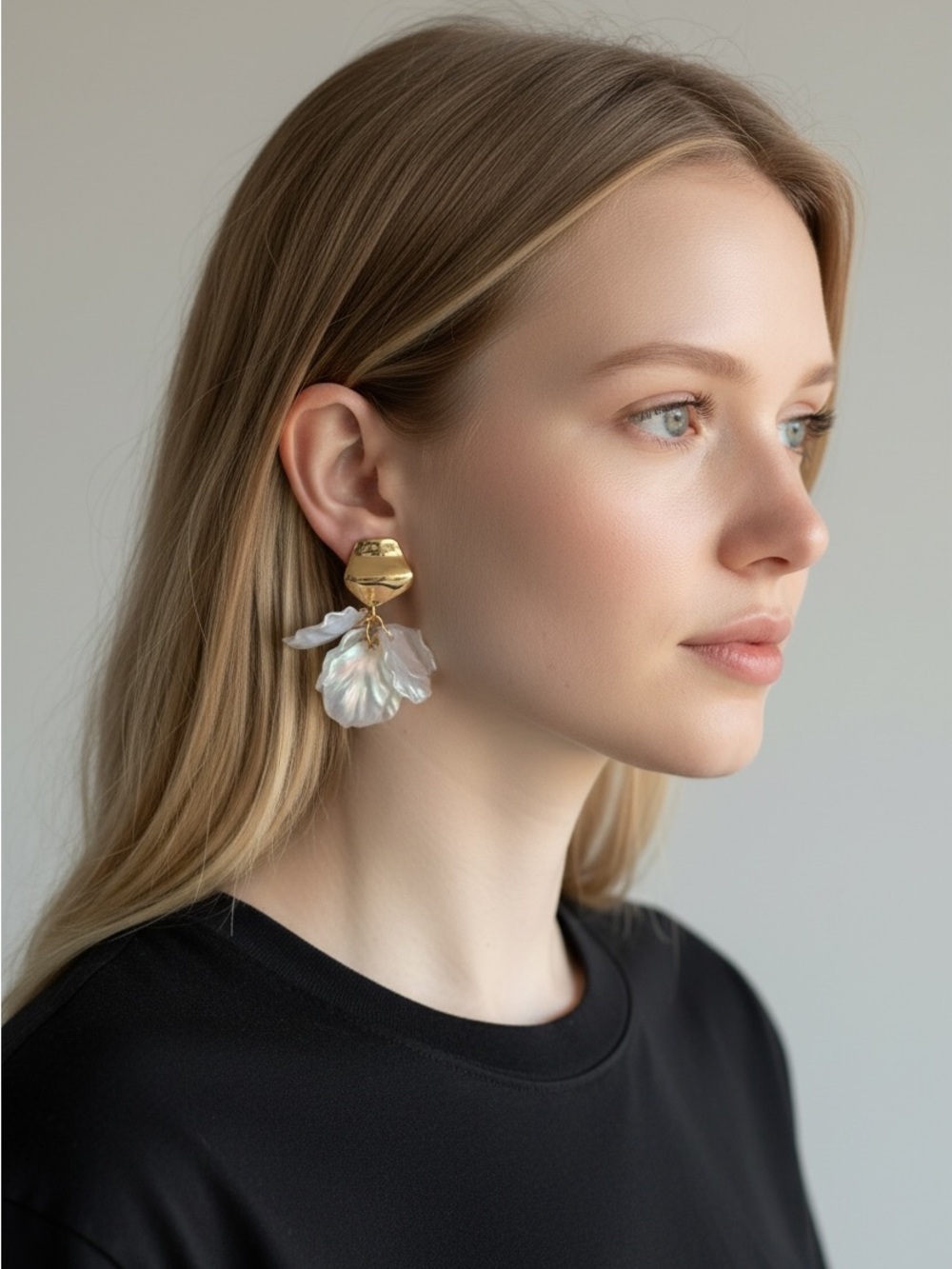 10/10 Gold and Iridescent White Petal Drop Earrings - Women Jewelry